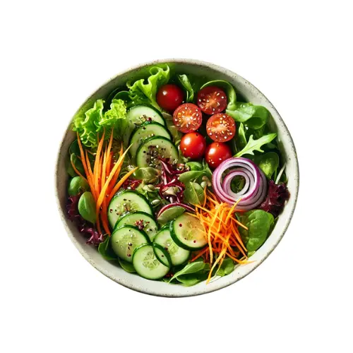 Fresh Salad Bowl with a variety of crisp vegetables, greens, and a light dressing.