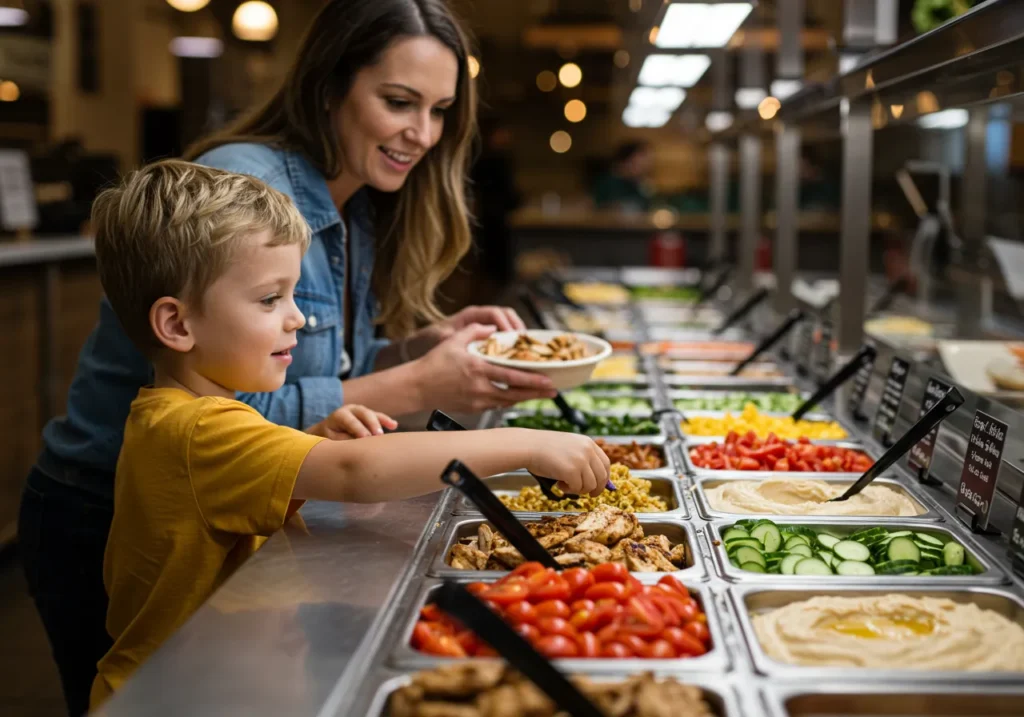 Child building their own Mediterranean bowl at Cava with a parent