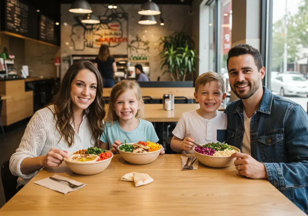 Family enjoying healthy meals at Cava with kids smiling over Mediterranean bowls