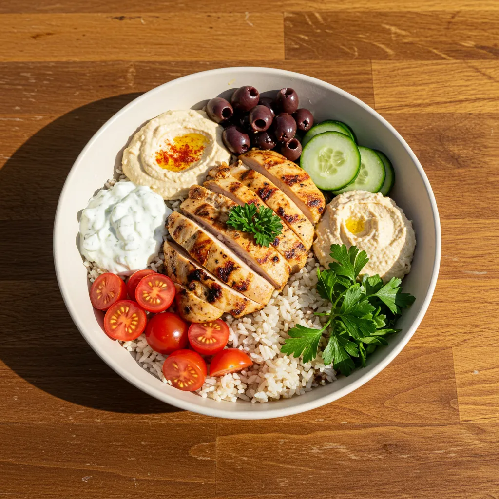 CAVA Chicken Rice Bowl with grilled chicken, rice, and Mediterranean toppings