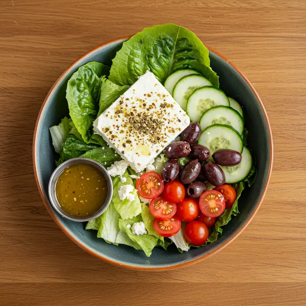 Fresh Cava Greek salad with romaine lettuce, tomatoes, cucumbers, olives, and feta cheese.