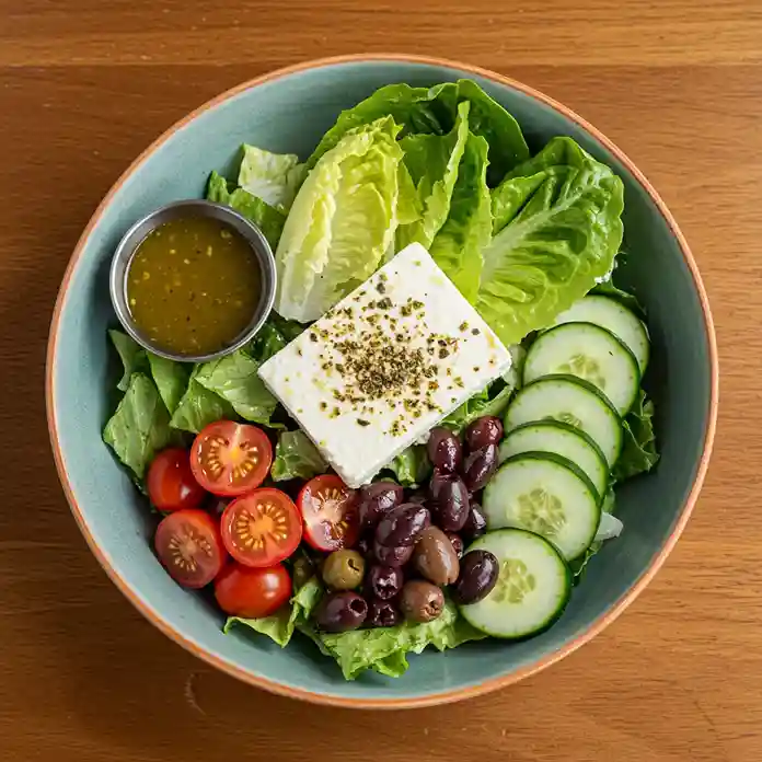 Fresh Cava Greek salad with romaine lettuce, tomatoes, cucumbers, olives, and feta cheese.