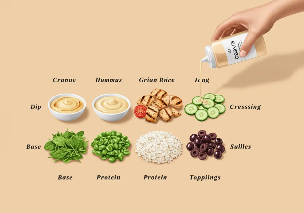 Infographic guide on how to build a perfect Cava bowl, showing layers of bases, proteins, toppings, and dressings. for the cava menu