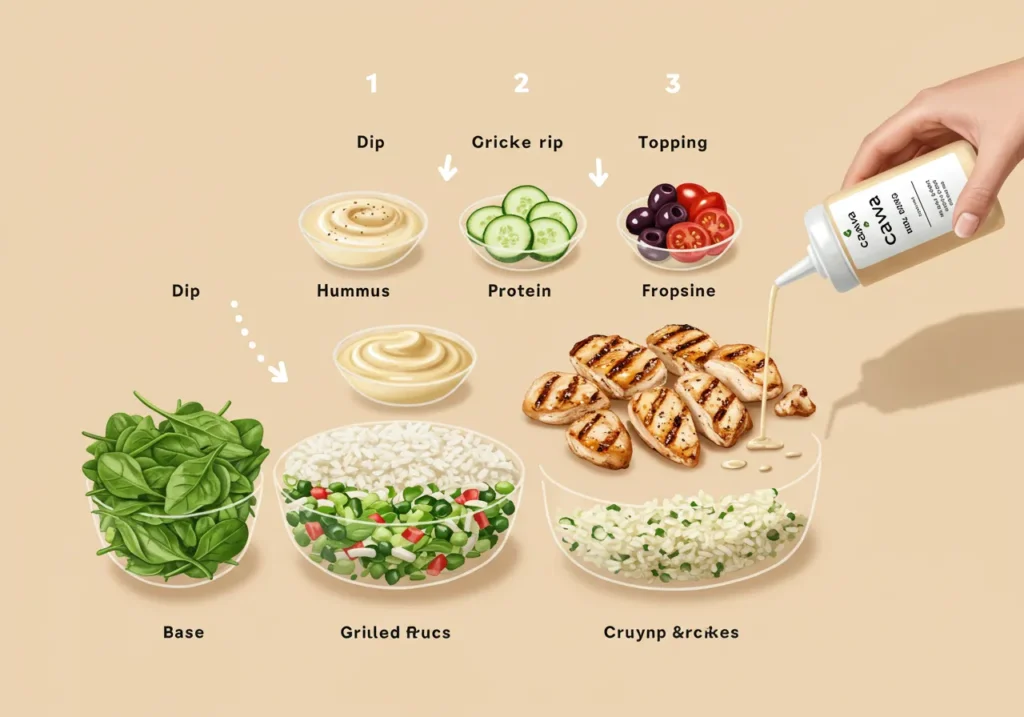 Infographic guide on how to build a perfect Cava bowl, showing layers of bases, proteins, toppings, and dressings.