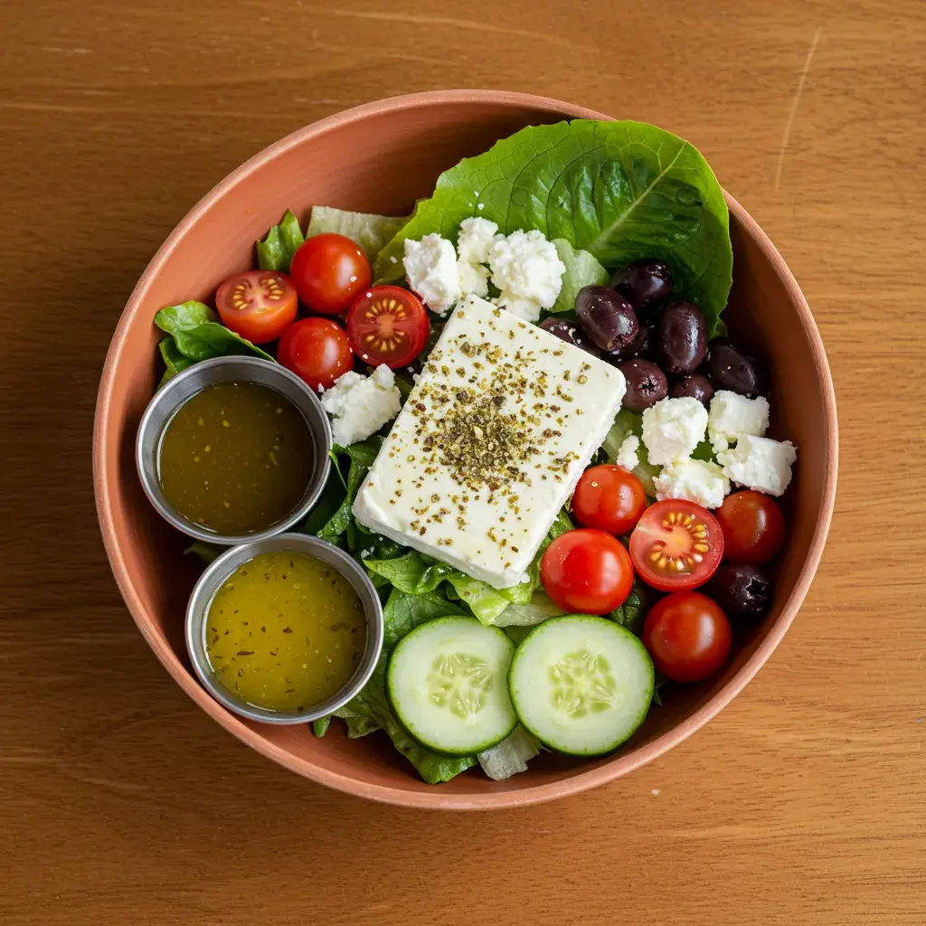 Fresh Cava Greek salad with romaine lettuce, tomatoes, cucumbers, olives, and feta cheese.