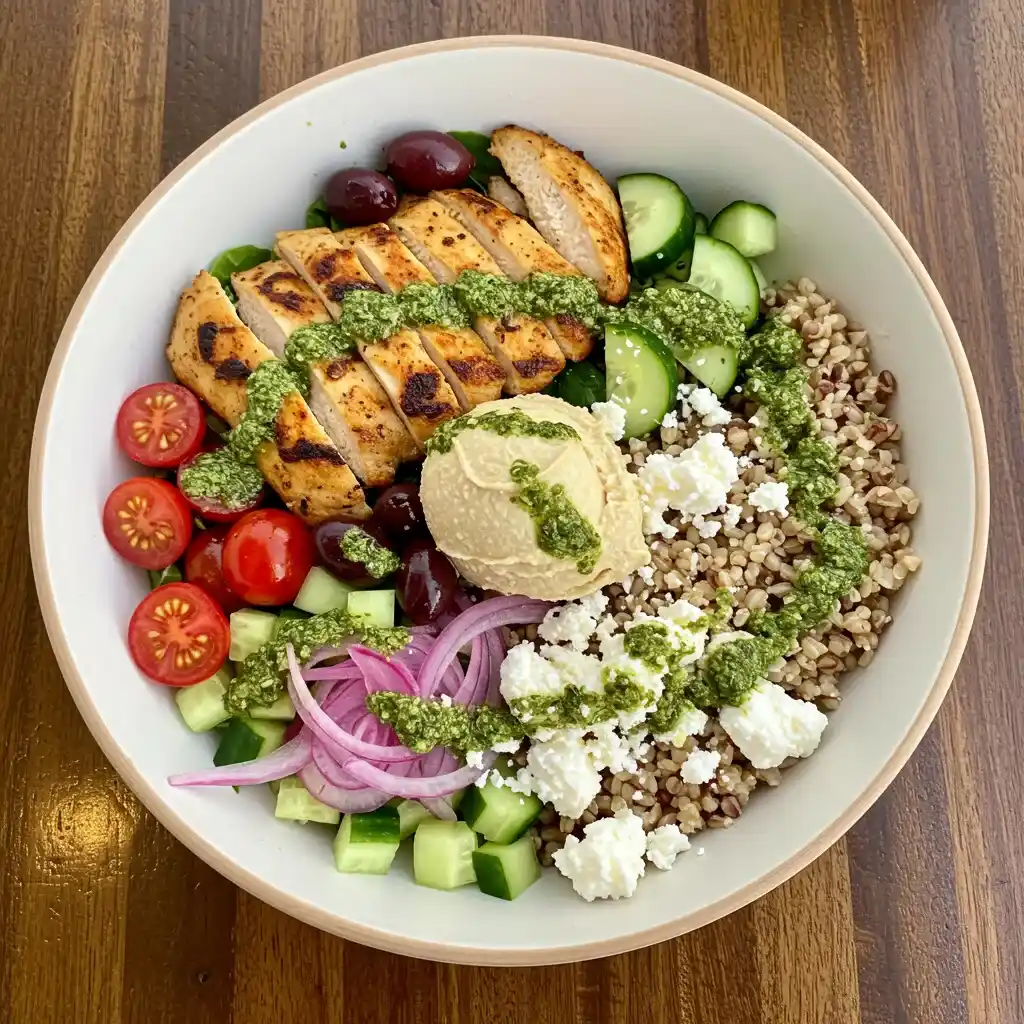 A colorful and delicious Cava grain bowl with righteous rice, grilled chicken, fresh vegetables, and drizzled with dressing.