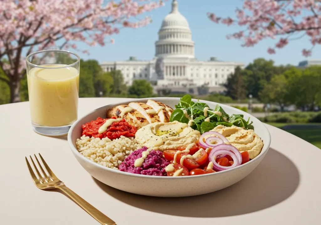A delicious Cava bowl with grilled chicken and hummus in Washington DC