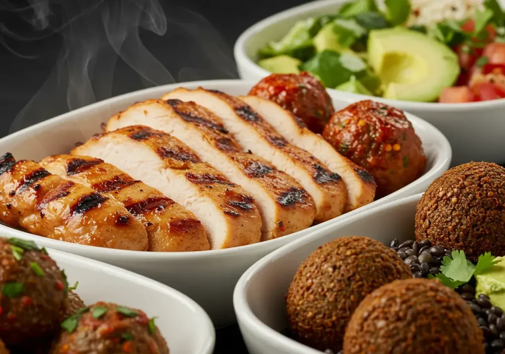 Protein choices at Cava in DC including grilled chicken and lamb meatballs